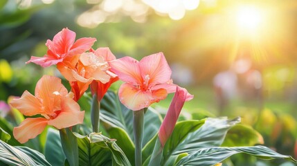 Fototapeta premium Beautiful Blooming Canna Flowers In The Garden