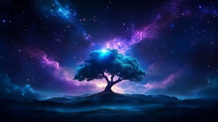Naklejka premium Mystical tree under a cosmic night sky