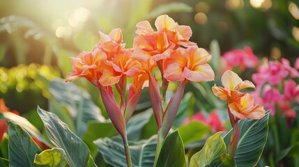 Fototapeta premium Beautiful Blooming Canna Flowers In The Garden