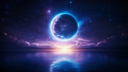 Ethereal cosmic landscape with glowing moon over tranquil waters