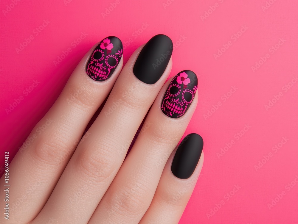 Wall mural a hand with stylish matte black and vibrant pink sugar skull nail art against a bright pink backgrou