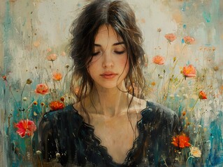 Dreamy Portrait of a Woman in a Field of Flowers