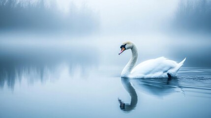 Obraz premium A serene swan swimming smoothly across a calm body of water