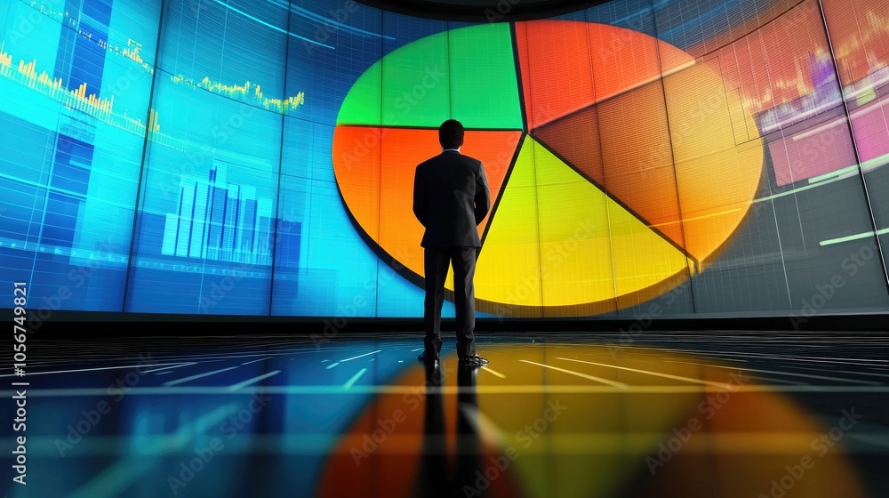 Poster business analyst viewing colorful data visualizations