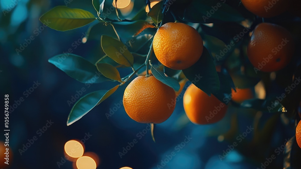 Poster close up of vibrant ripe oranges on a tree illuminated by soft light from behind