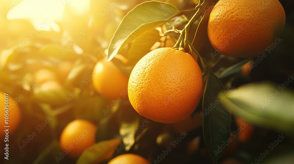 Poster close up of vibrant ripe oranges on a tree illuminated by soft light from behind