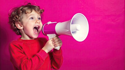 Child announcement speaking through a megaphone on pink background for announcement promotion
