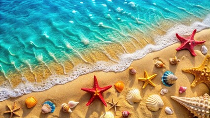 Aerial View of Sandy Beach with Seashells and Starfish, Ideal for Vacation and Travel Themes, Perfect for Holiday Advertising and Relaxation Imagery