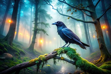 Fototapeta premium Raven and Shadow Winged Creature in Misty Forest - Urban Exploration Photography