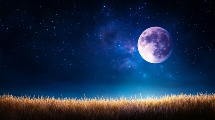 Fototapeta premium Serene night sky with a full moon over golden fields