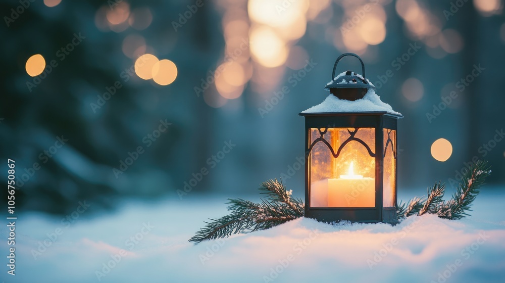 Poster christmas lantern nestled in snow with fir branches set against a blurred forest soft bokeh creates 