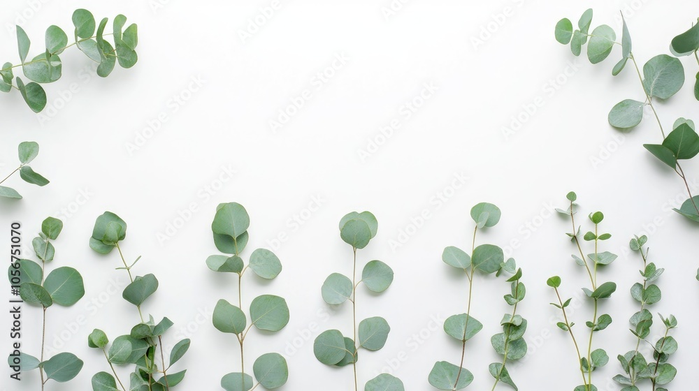 Aufkleber Isolated eucalyptus branches on a white background Top view of eucalyptus leaves arranged in a flat lay style featuring ample space for text Minimalistic botanical design ideal for banners