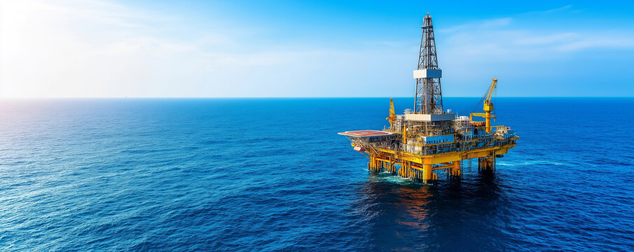 Offshore oil drilling rig in blue sea under clear sky, sunny day, industrial platform, petroleum extraction concept
