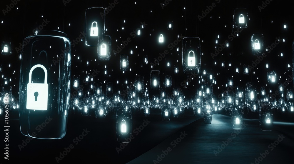 Poster luminous shields with locks hover over a black digital landscape, illustrating the significance of s
