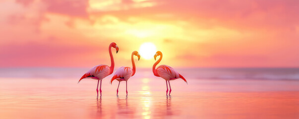 Obraz premium Tranquil Silhouette of Three Flamingos at Sunset by the Seaside, Reflective Water and Vibrant Sky, Wildlife Serenity Concept