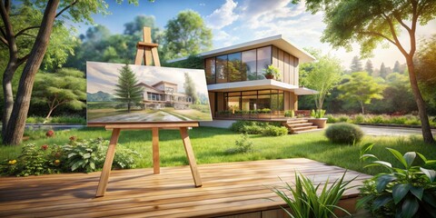 Obraz premium Architectural Sketch of a Modern Building Design in Serene Outdoor Environment During Daytime - Architectural Photography, Design Illustration, Nature Integration, Modern Aesthetics