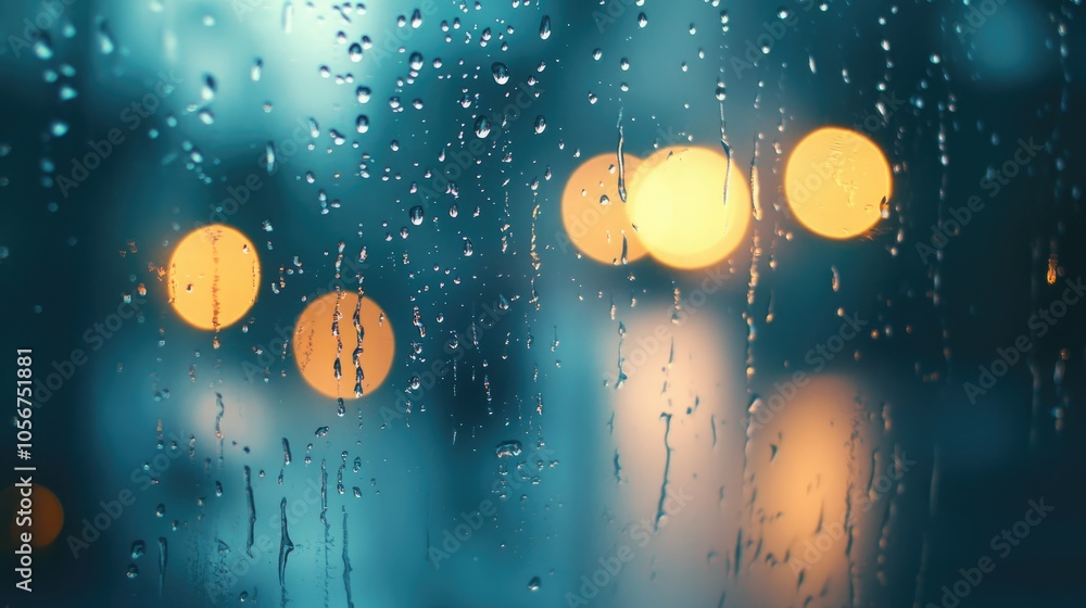 Poster raindrops on a misty window with soft bokeh lights in the backdrop creating a tranquil and peaceful 