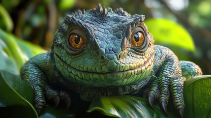 Close-Up of a Camouflaged Reptile in Lush Exotic Foliage, Sharp Focus on Reptile's Eyes, Natural Disguise in Tropical Environment, Reptile Photography