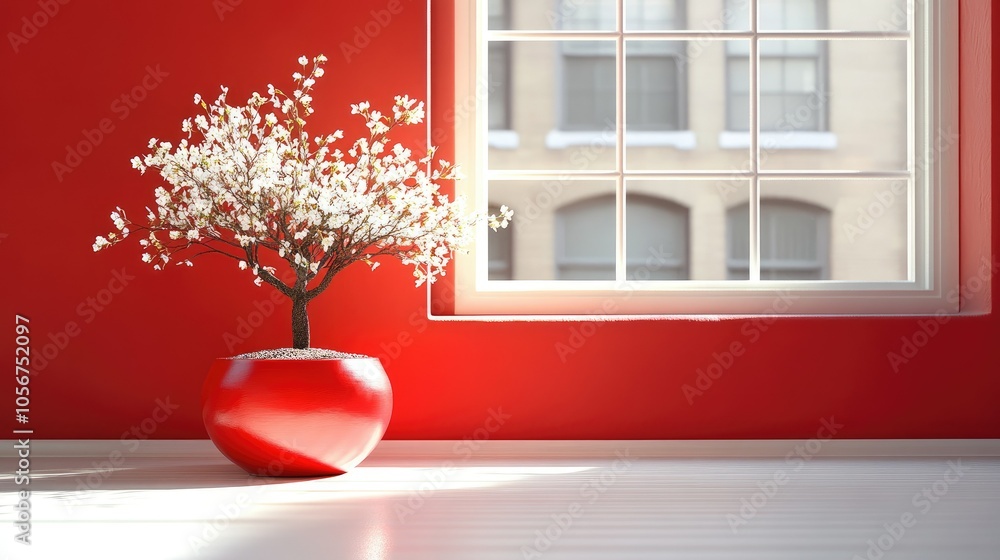 Poster minimalistic design featuring a bonsai tree with cherry blossoms in a vivid red pot, creating an ele