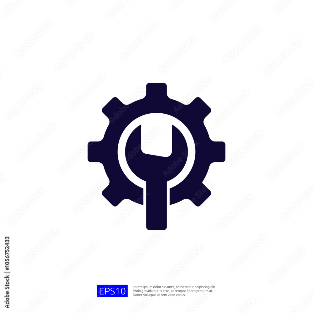 Poster this image features a dark icon of a gear and a wrench, symbolizing tools and mechanical work, often
