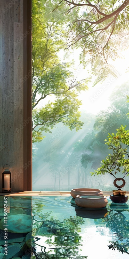 Poster a serene and peaceful scene of a pool with a view of trees and a pond. the water is calm and the tre