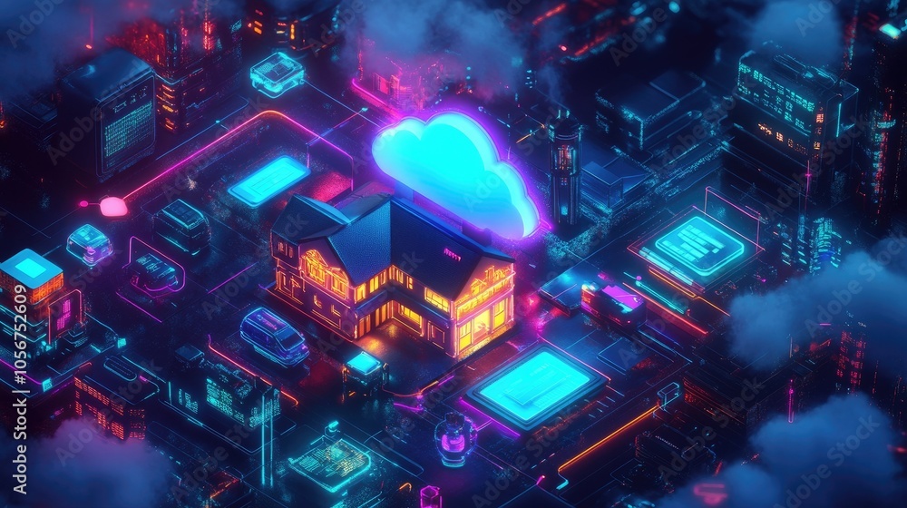 Poster neon icons of a house connected to various smart devices, with a glowing cloud symbolizing data stor