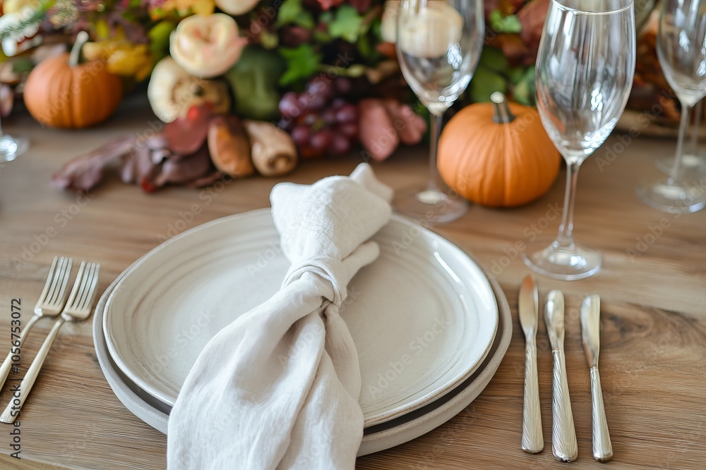 Poster minimal thanksgiving table setting with a simple plate and a linen napkin.