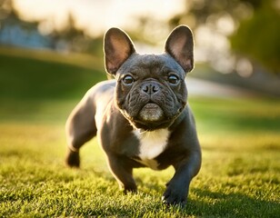 Fototapeta premium A French Bulldog leisurely walking on the grass