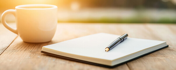 Relaxing Morning with Coffee Mug, Open Notebook, Pen on Wooden Table, Contemplative Atmosphere Concept