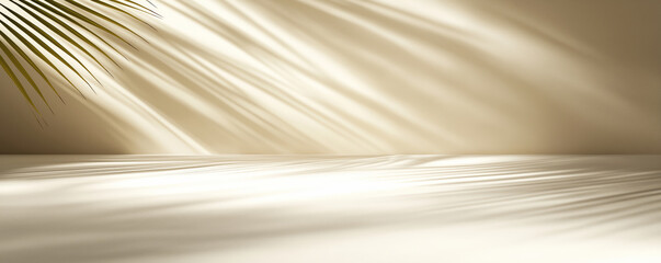 Sunlit Palm Leaf Shadows Dance on Beige Wall and Floor, Creating a Serene Natural Ambiance Background Concept