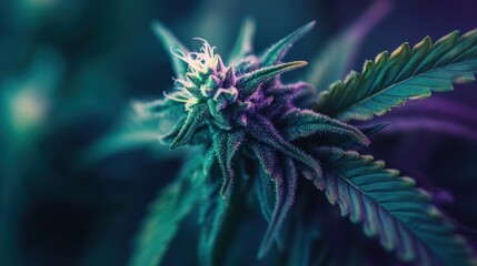 Detailed close-up of a cannabis bud with rich green and purple shades,