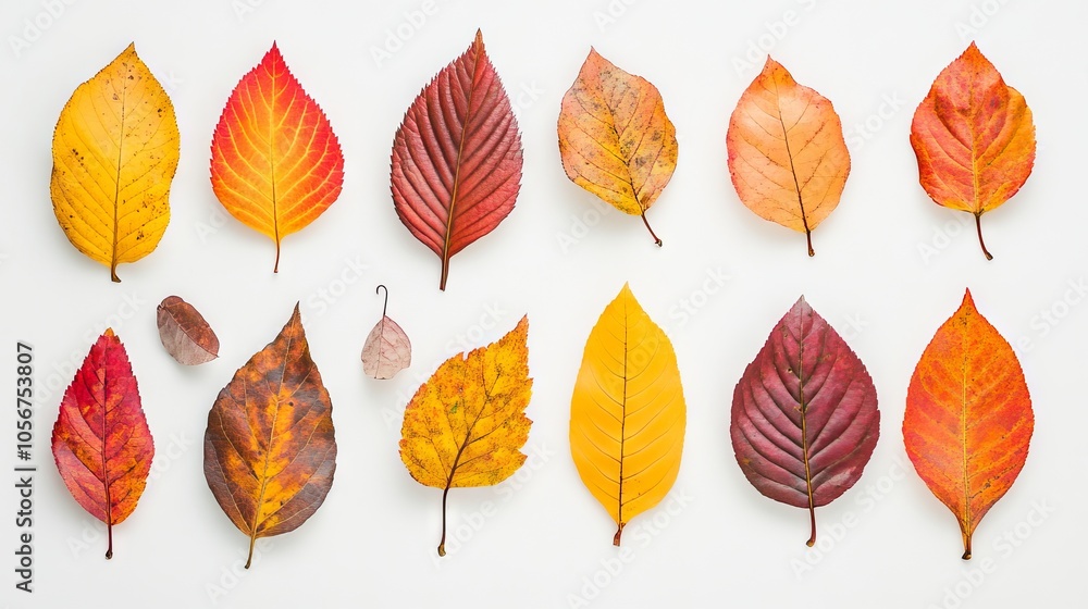 Poster a collection of yellow and red leaves are arranged in a row. the leaves vary in size and shape, with