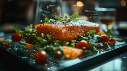 Grilled Salmon with Green Salad and Cherry Tomatoes on a Plate with Digital Overlay