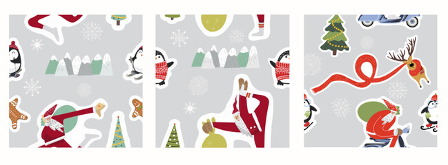 Obraz premium Set of seamless patterns, Merry Christmas and Happy New Year! New year symbols, backgrounds with Sports Santa. Hand drawn vector illustration.