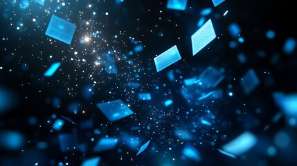 A dark background with glowing blue data particle, Background data papers particles