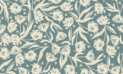 Flowers Seamless Pattern Vector Illustration. Abstract Flowers Drawing of Floral Contour Ornament. Botanical Seamless Pattern with Grunge Plants on Blue Background