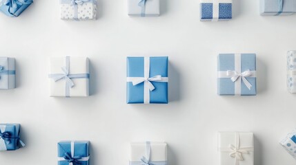 Fototapeta premium A collection of blue white and grey gift boxes positioned against a clean white backdrop viewed from a horizontal angle showcasing fine details and ample negative space for text
