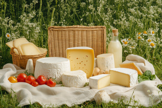 Assorted cheeses, bread, tomatoes , and beverages with a picnic basket and checkered cloth isolated on white background - Powered by Adobe