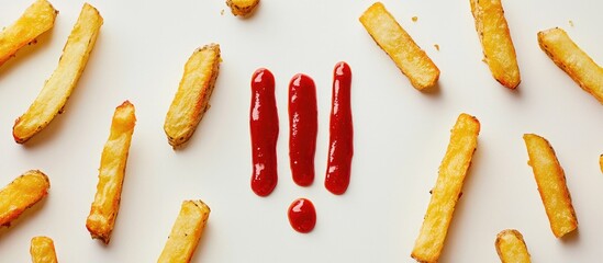 French Fries Spelled In Fried Potatoes On White With Ketchup Exclamation Point