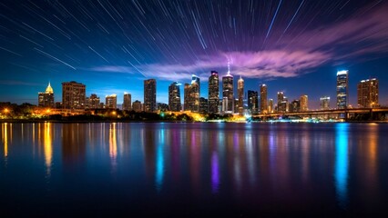 Fototapeta premium Captivating Long Exposure Nightscape of a City Skyline with Illuminated Buildings Reflecting in Water, Star Trails, Light Trails, and a Dynamic Sky Full of Colors for Stunning Visual Impact
