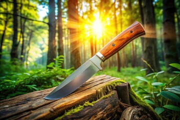 Bushcraft Survival Knife on Fallen Tree Trunk in Wilderness - Outdoor Adventure, Nature Photography, Survival Gear, Woodcraft, Hiking Essentials, Rustic Lifestyle, Natural Setting