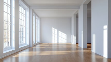 Fototapeta premium Bright spacious living room with empty walls perfect for showcasing modern interior design concepts in a loft style setting