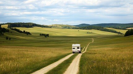 Camper Van Driving on a Country Road. Illustration background for presentation 