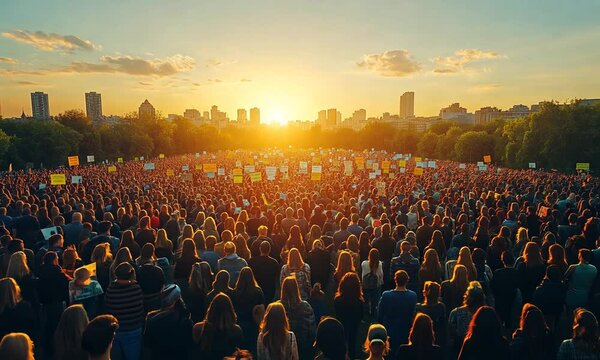 A large crowd gathers at sunset for a peaceful protest or rally.