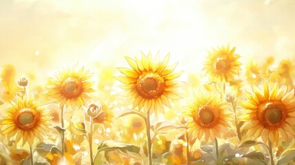 Obraz premium Floral watercolor painting of a sunny field of sunflowers, their petals radiating