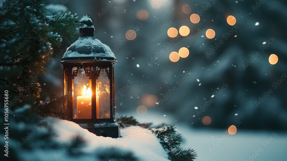 Aufkleber christmas lantern nestled in snow with fir branches set against a blurred forest soft bokeh creates 