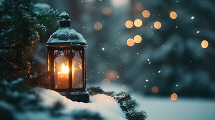 Christmas lantern nestled in snow with fir branches set against a blurred forest Soft bokeh creates a wintery decorative atmosphere