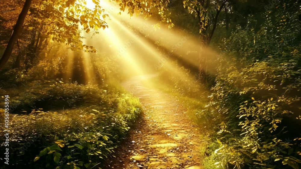 Poster sunlight streams through the trees, illuminating a path in the woods