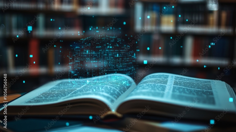 Poster an open book with a holographic sphere of data above it