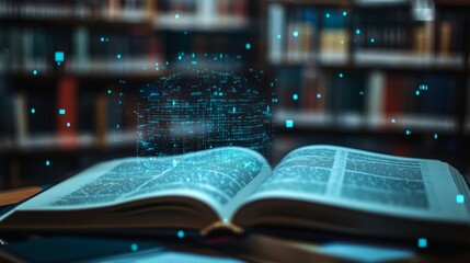 An Open Book with a Holographic Sphere of Data Above It